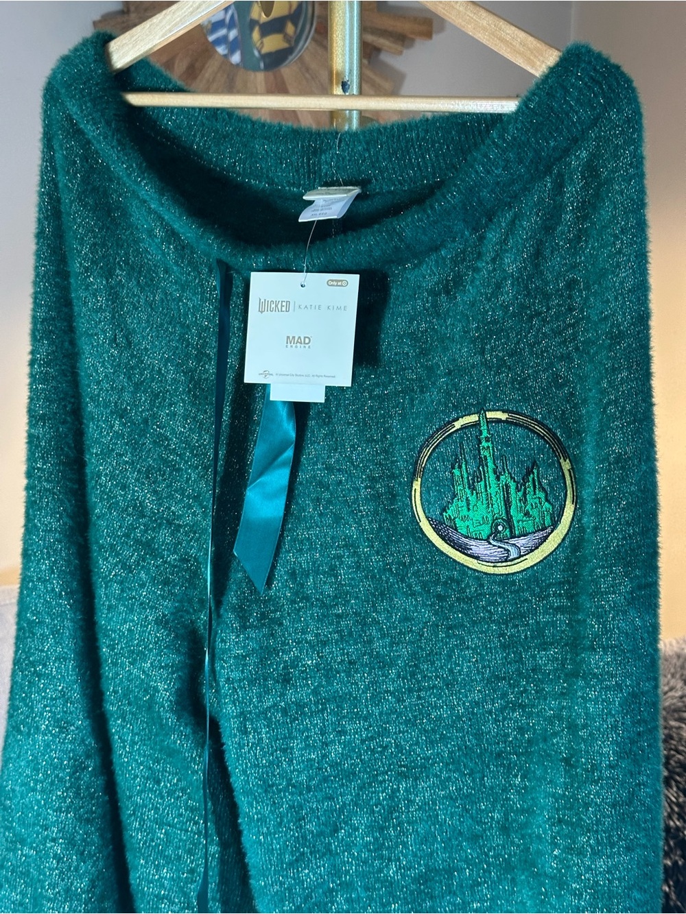 Wicked Katie Kime Teal Fuzzy Sweater Pants with Embroidered Green Oz
